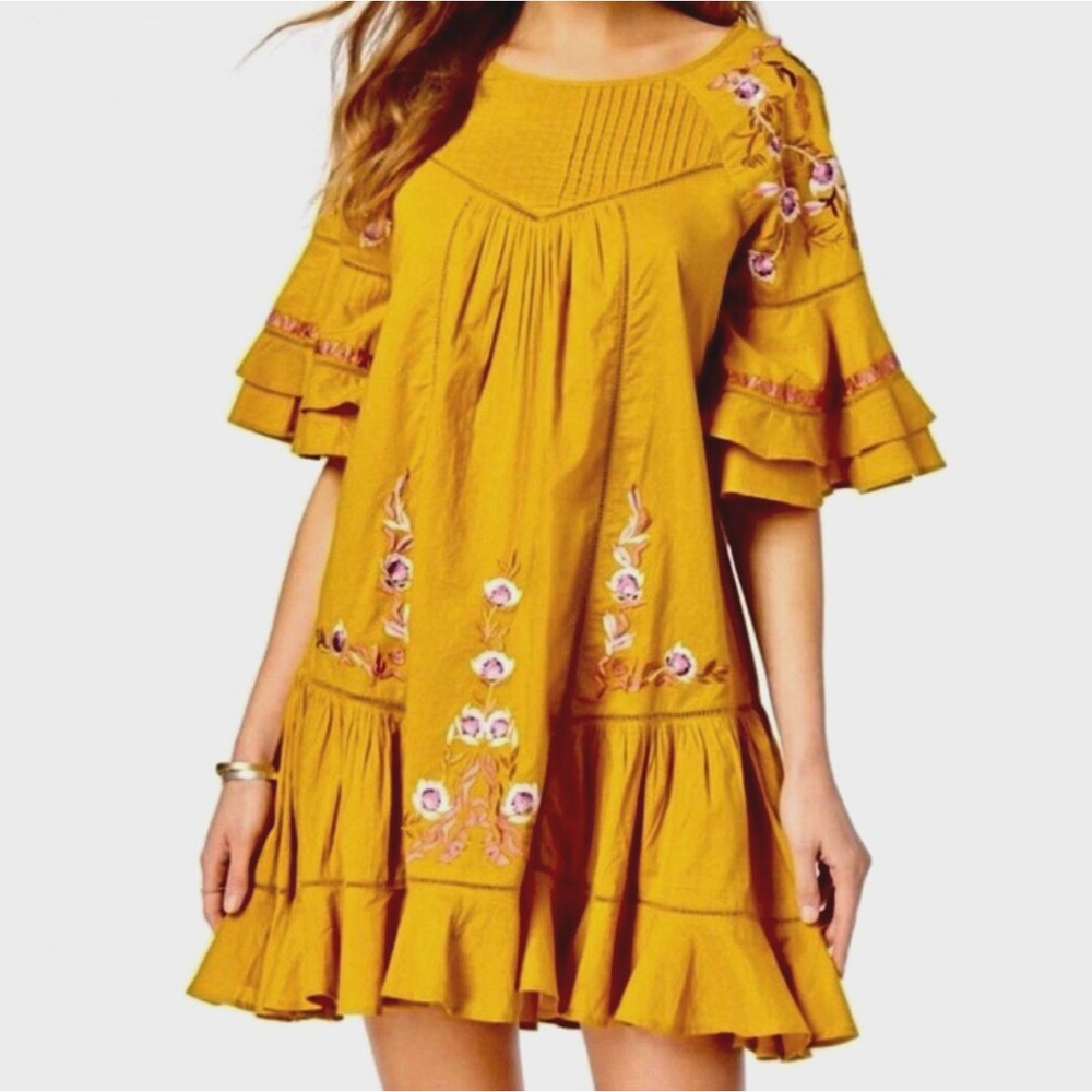 Free People Pavlo Yellow Embroidered Ruffle Tiered Mini Dress M Flare Babydoll